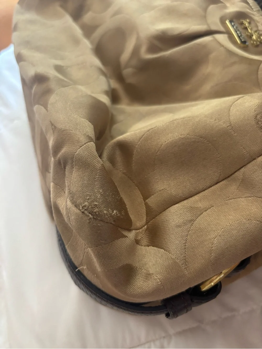 Coach Beige Signature Hobo with Dark Brown Leather Straps